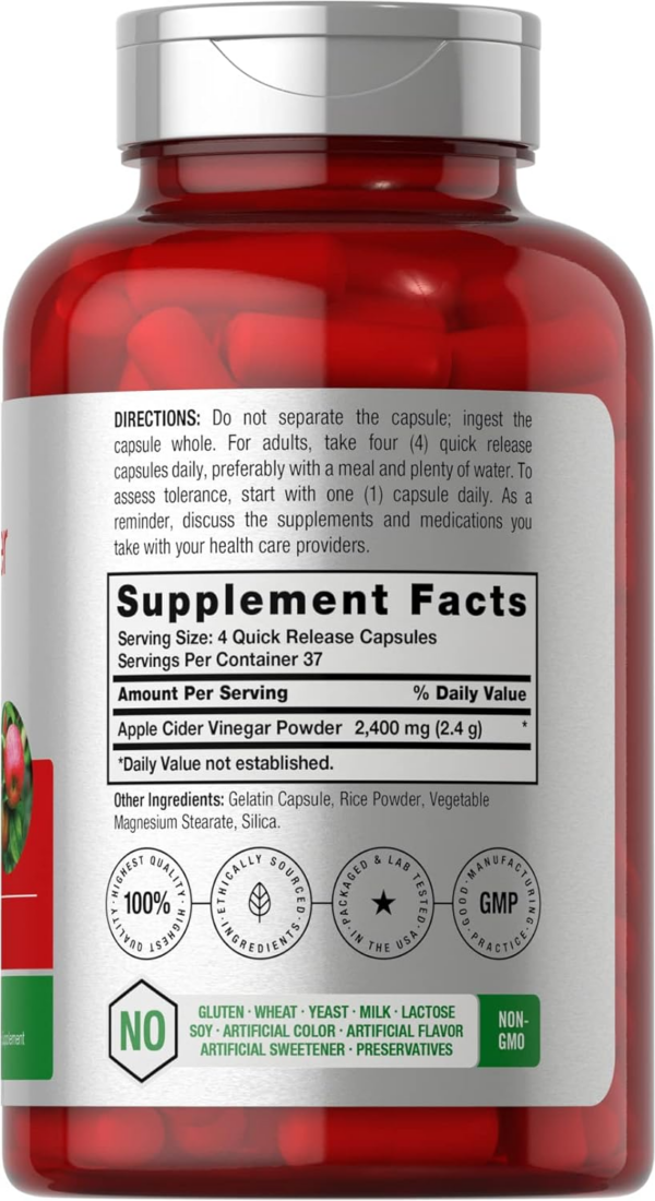 Apple Cider Vinegar Capsules | 2400mg | 150 Count | Non-GMO, Gluten Free Supplement - Image 2