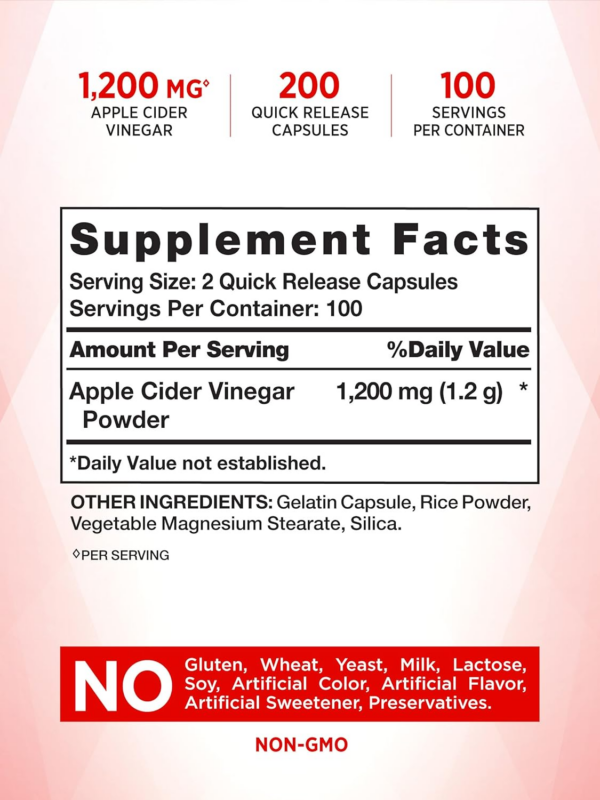 Apple Cider Vinegar Capsules | 1200mg | 200 Pills | Extra Strength | Value Size | Non-GMO, Gluten Free Supplement - Image 2