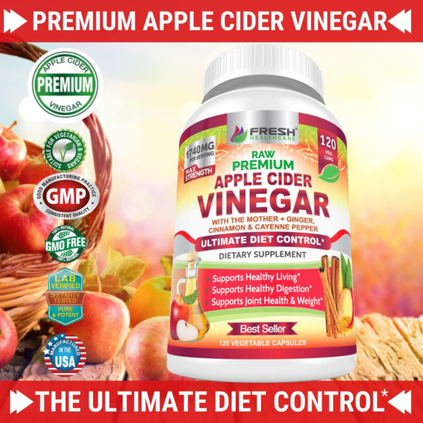 Apple Cider Vinegar Capsules Max 1740mg with Mother - 100% Natural & Raw with Cinnamon, Ginger & Cayenne Pepper - Ideal for Healthy Living, Detox & Digestion -120 Vegan Pills - Image 4
