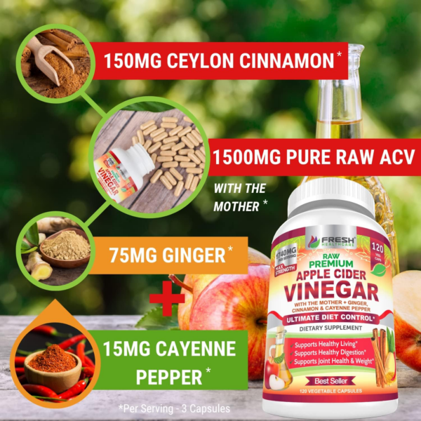 Apple Cider Vinegar Capsules Max 1740mg with Mother - 100% Natural & Raw with Cinnamon, Ginger & Cayenne Pepper - Ideal for Healthy Living, Detox & Digestion -120 Vegan Pills - Image 5