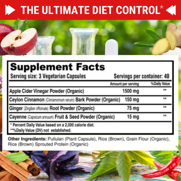 Apple Cider Vinegar Capsules Max 1740mg with Mother - 100% Natural & Raw with Cinnamon, Ginger & Cayenne Pepper - Ideal for Healthy Living, Detox & Digestion -120 Vegan Pills - Image 2