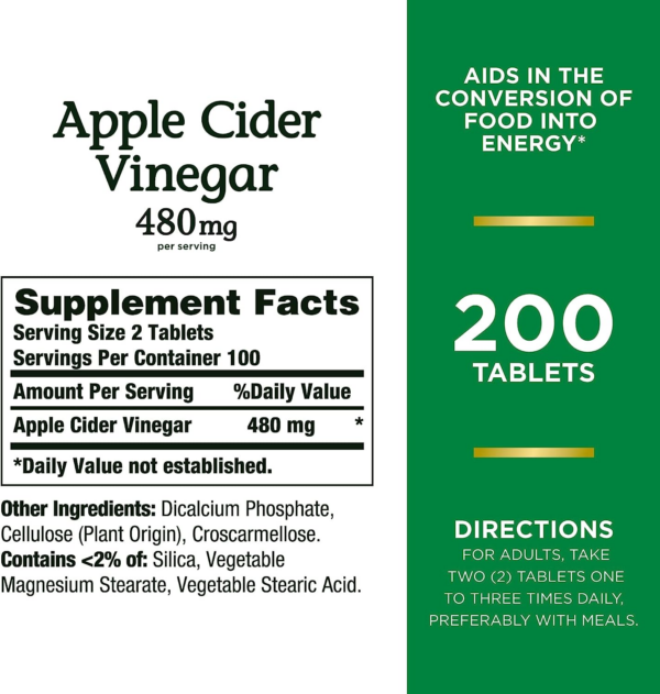 Apple Cider Vinegar 480mg Pills, Vegetarian Supplement Plant Based, 200 Tablets - Image 2