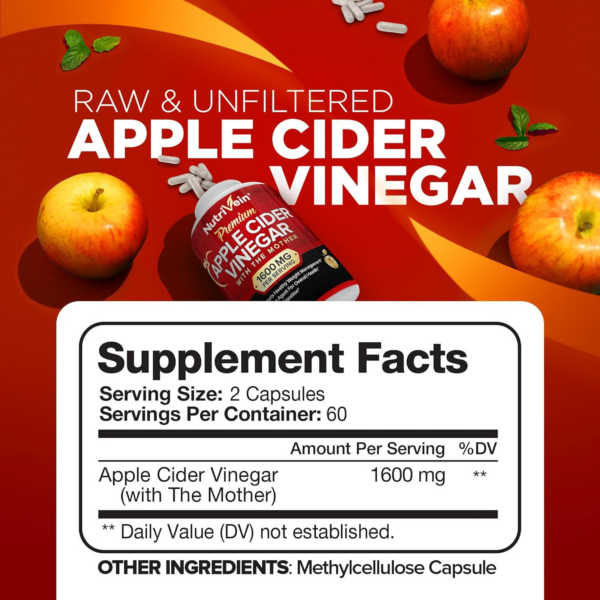 Apple Cider Vinegar Capsules with Mother - 1600mg - 120 Vegan Pills - Supports Healthy Diet, Digestion, Keto, Cleanser - Best Supplement for Immune System - ACV Raw - Image 2